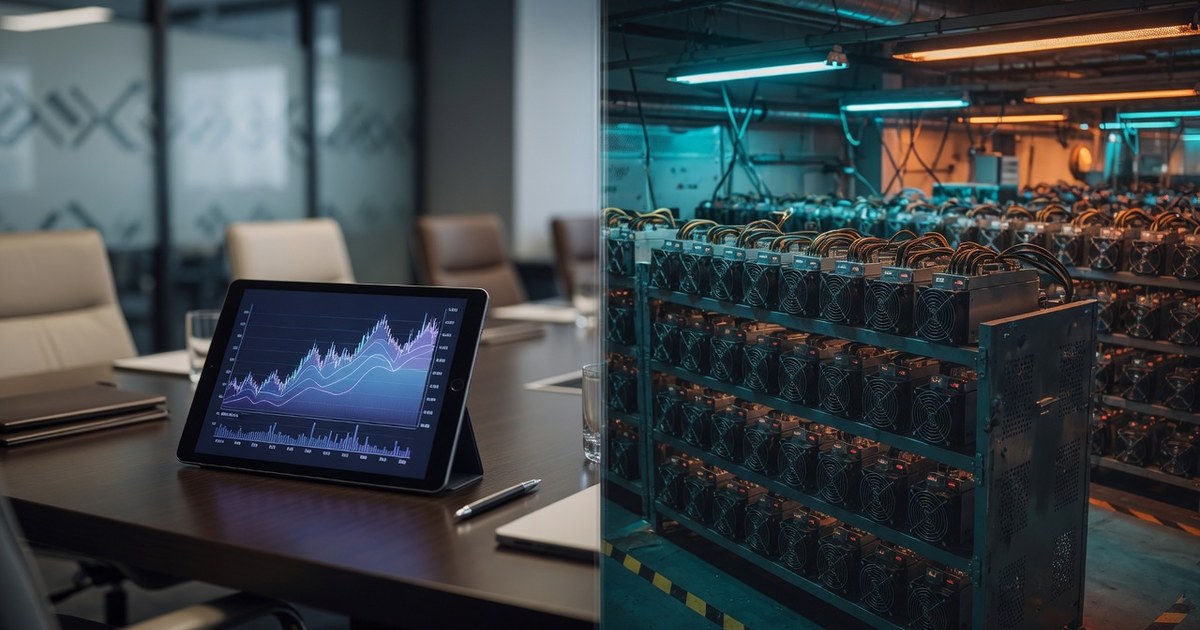Split view of a corporate boardroom with financial charts and an industrial Bitcoin mining farm with ASIC racks — operations vs treasury